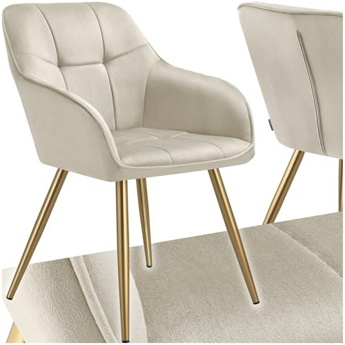 tectake® Esszimmerstuhl, Samt Stuhl, mit gestepptem Samtstoff, Armlehnstuhl Esszimmer, Küchenstühle modern, gemütlicher Sessel Wohnzimmer, Dining Lounge, Schminktisch Stuhl- Creme/Gold