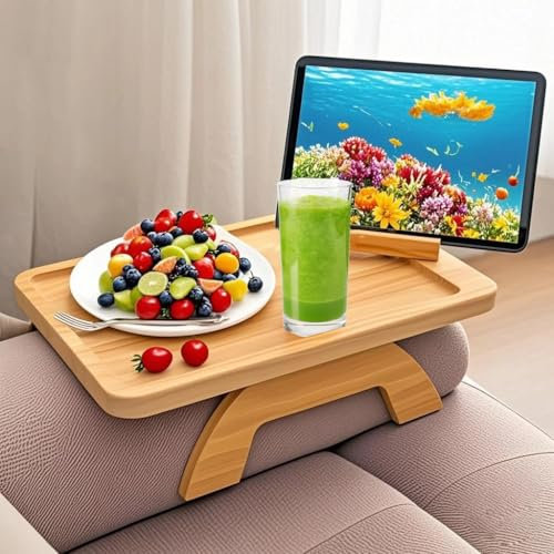 Bamboo Sofa Arm Tray Table, Sofa Table 15” x 10” Large Foldable Couch Armrest Tray with 360° Rotating Phone Holder, ArmchairTray is Perfect for Remote Control, Eating, Drinks & Snacks