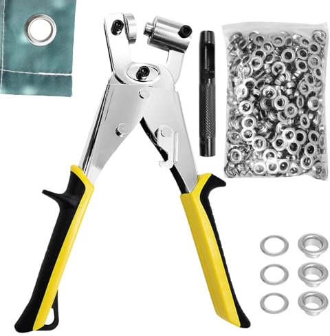 MvysticCharvn Profi Ösenzange Set mit 200 Ösen (Ø 10 mm) und 1 Meißeln, Eisen + Legierung + Beschichtung + Gummi, für Leder, Gürtel, Awnings, Stoffe (230 × 100 × 50 mm) (Gelb, Silber)