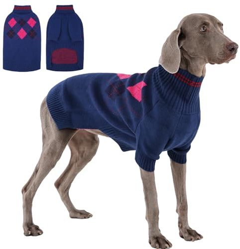 OUOBOB Dog Jumper Winter Warm Knitted with Turtleneck, Dog Sweater with Front Sleeves, Soft Stretchy Pyjamas for Cold Winter, City Walk, Christmas, Blue, L