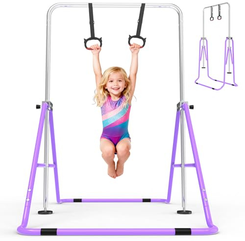 FINCOME Kids Gymnastics Bar with Rings, Height Adjustable Bar, Purple
