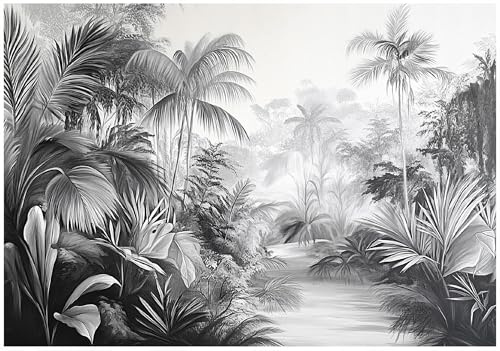 WallArena - Papier peint panoramique intissé paysage forestier 350x250 cm - Papier peint photo non tissé - Pour salon et chambre à coucher - Effet 3D - Avec colle - jungle tropicale noir et blanc