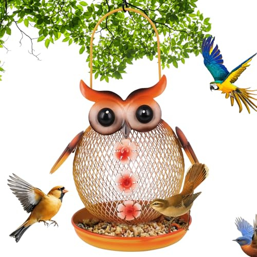 Fzyisw Comedero para Pájaros de Metal Diseño Búho Colgante, Dispensador de Comida para Balcón, Ventana y Jardín, Comedero Colgante para Aves Silvestres
