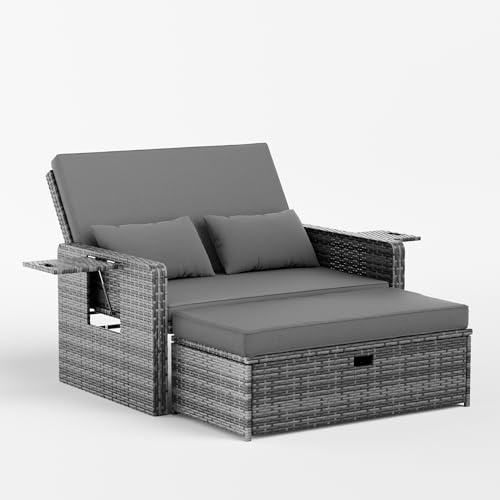 UDPATIO Sofá de Ratán 2 Plazas con Reposapiés con Almacenamiento, Muebles de Salón de Ratán para Exteriores con Respaldo Regulable y Cojines Gruesos, para Terraza y Jardín - Gris