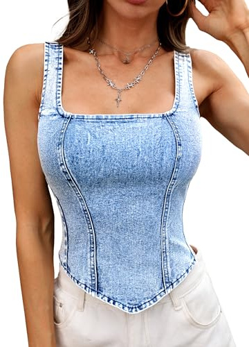 ELLEVEN Denim Corset Tank Top High Stretch Sleeveless Jean Vest Top for Women Sexy Y2k Going Out Top Western Country Concert Outfits Blue Denim Medium