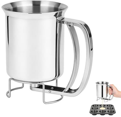 Bqkroa 900 ml degportionerare rostfritt stål: Pannkaksdegdispenser med klämhandtag, handhållen degdispenser, manuell pannkaksdegdispenser för muffins, kex, våfflor, bakverk, cupcake, äggkaka