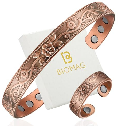 BioMag Magnetisches Kupferarmband für Damen,3500 Gauss Magnete – Verstellbar – Elegantes Blumenmuster (Blumenmuster)