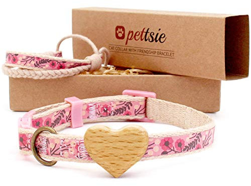 Pettsie Katzenhalsband mit Sicherheitsverschluss und Herz aus hochwertigem Buchenholz, Freundschaftsarmband für Sie, Starke Baumwolle, D-Ring für Zubehör, einstellbare Größe 20,3-28 cm, Rosa