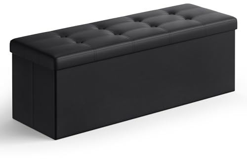 SONGMICS Storage Ottoman, Foldable Small Ottoman Foot Rest, 38 x 110 x 38 cm, Cube Ottoman with Storage, Load up to 300 kg, for Living Room, Bedroom, Entryway, Ink Black LSF89BK