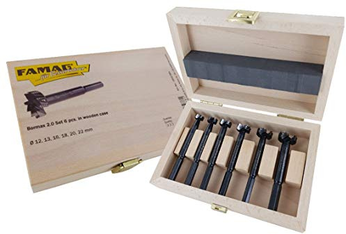 Famag - 6-teiliges Forstner-Bit-Set in UK-Edition: BORMAX 2, 12, 13, 16, 18, 20, 22 mm Premium Made in Germany in Holzkiste Serie 1622.554,