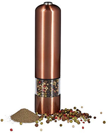 Relaxdays 1x Set Macina Pepe & Sale, Macinapepe Elettrico Grande Acciaio Macinino Ceramica a Batteria, Riutilizzabile, Bronzo