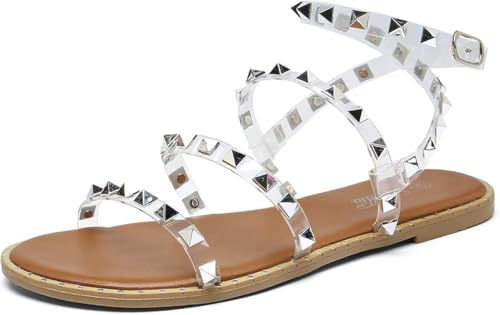 katliu Women's Flat Sandals Strappy Studded Sandals Gladiator Sandals with Ankle Strap Clear