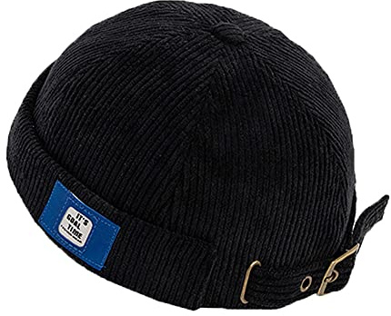 YAMEE Men's Docker Cap Hats Skullcap Beanie Worker Sailor Cap Brimless Cap Rolled Cuff Retro Fashion Brimless Hat with Adjustable (DZM92-Black)