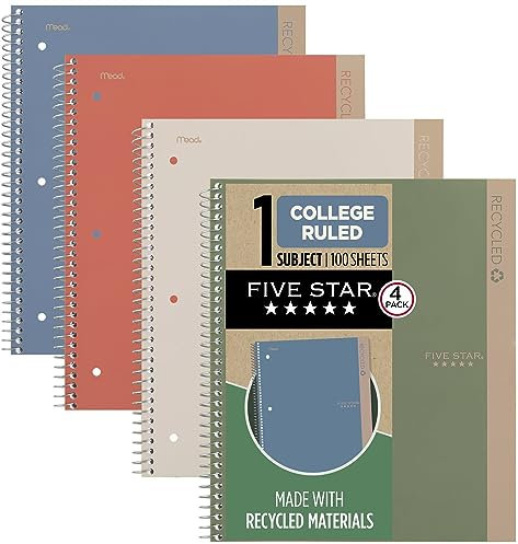 Five Star Spiral Notebook + Study App, 4 Pack, 1 Subject, Recycled College Ruled Paper, 8-1/2 x 11, 100 Sheets, Fights Ink Bleed, Includes 3 Colors + 1 Randomly Selected Color (820046-ECM24)