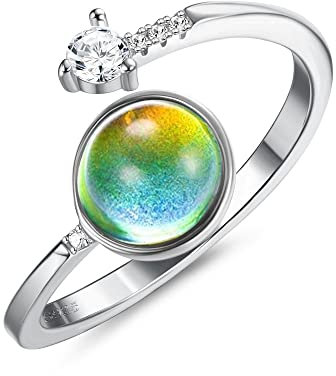 Krfy Stimmungsringe S925 Sterling Silber für Damen Handgefertigt Ovaler Solitärring Temperaturregelung Verstellbar Ring Farbwechsel Stapelbare Stimmungsring Kinder Mädchen