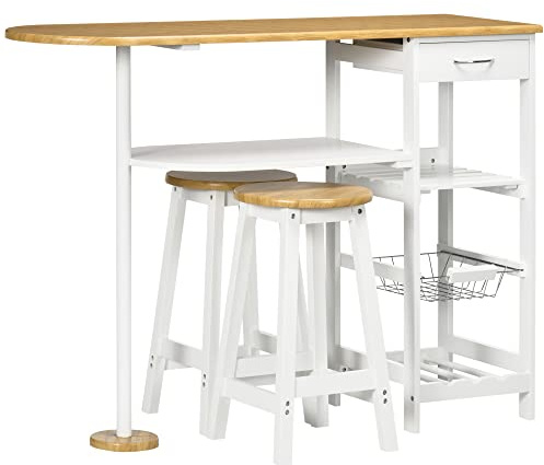 HOMCOM Set di tavolo da bar con 1 cassetto 2 ripiani cestino estraibile e portabottiglie, set di mobili con tavolo alto 119 x 38,5 x 88,5 cm e 2 sgabelli da 29 x 29 x 55 cm, per sala da pranzo cucina