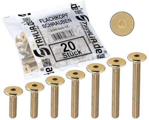 Stahlia Flachkopfschrauben M6 x 50mm stål runda huvudskruvar inre sexkant (20 st) gulförzinkad möbelkontakter möbelskruvar förbindelseskruv