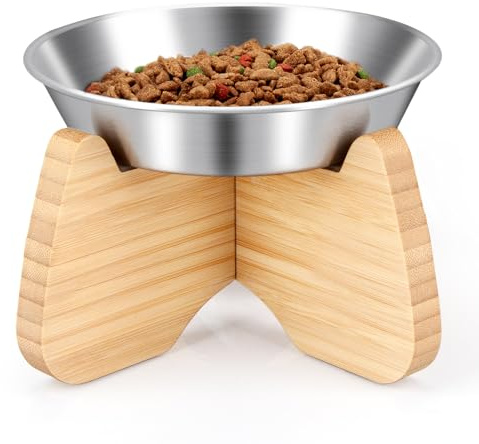 BULANGDE Comedero Gato Elevado Acero Inoxidable Soporte Bambú Madera Antideslizante,Platos Cuencos para Gatos Pequeño Plano Fatiga Bigote Perro para Cat Mascota Bowl Comida Agua Plateado (1 Piezas)