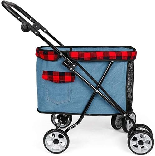 GLETSF Leichter Hundebuggy für kleine Hunde, Hundekinderwagen, Buggy, 360° Glatte Vorderräder, Katzenbuggys, leicht zusammenklappbare Armlehne, 4-Gang-Einstellung (Dunkelblau) (Hellblau)