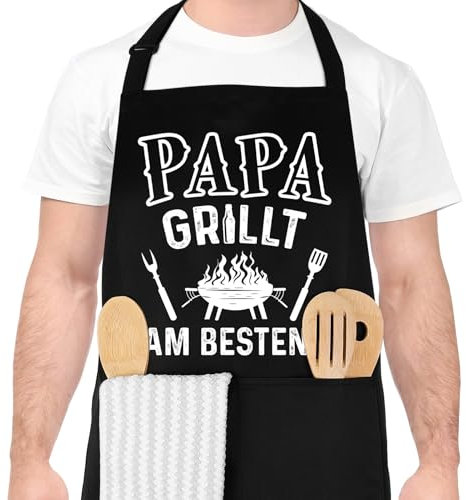 Livdouyu Lustige Kochschürze für Männer, Grillschürze für Männer PAPA GRILLT AM BESTEN Professionelle Grillschürze Chefkoch Ehemann Küchenschürze mit Doppeltasche Verstellbar Geburtstagsgeschenk