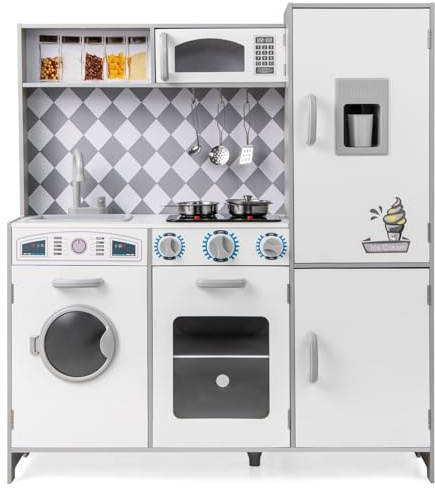 COSTWAY Cocina de Juguete para Niños, Cocinita de Madera Infantil, Cocinita Infantil con Luz y Sonido, Máquina de Hielo, Estufa, Lavadora, Horno, Microondas (Blanco)