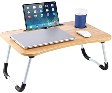 CROWNSHOP Laptop Table, 60 X 40 X 28cm Bed Table, Bed Desk Stand With Foldable Legs & Cup Slot Notebook Stand Computer Laptop Bed Table Laptops Tray For Sofa Bed, Pink (Walnut)