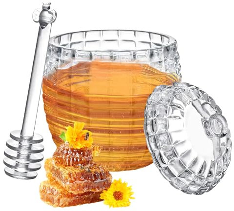ZMDMAH Kristall Honigglas mit Schöpflöffeln Honiglöffel Stab 240ml Transparentes Glas Honigtopf mit Deckel Glasspender Honigtopfbehälter Zum Servieren Von Honig und Sirup