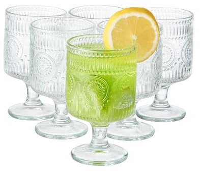 Eden & Willow Embossed Stem Glass Cup, (Set of 6), Elegant Wine Glasses | Food-Safe Durable Waters Glasses | Perfect for Wine, Cocktails, Hot and Cold Beverages