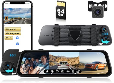 Inefala WiFi Dash Cam-spegel 9,66 med appkontroll, 3-kanalig dashcam backkamera för bil 1080P med interiör + backkamera, parkeringshjälp, G-sensor (med 64 GB kort)