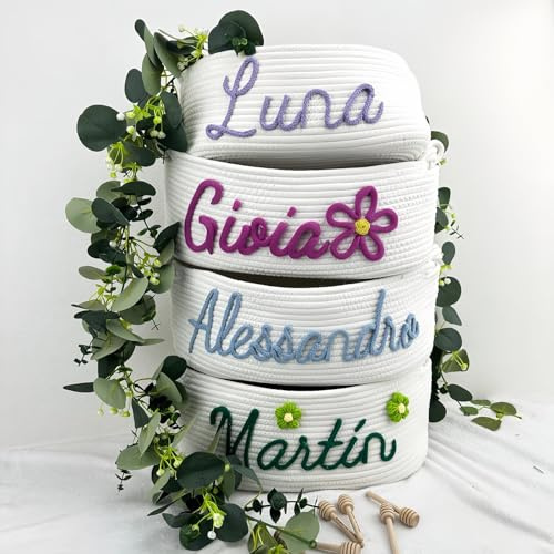 Personalisierter Aufbewahrungskorb Aus Baumwollseil Mit Namen, Personalisiertes Baby Shower Geschenk, Kinderzimmer Deko Körbe Mit Buntem Text, Weißer Aufbewahrungskorb Mit Griffen(﻿ S: 19X12X27cm)