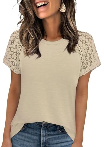 Chicrise Tshirt Femme Manches Courte Dentelle Haut Chic et Élégant Col Rond Basique Top Casual Léger