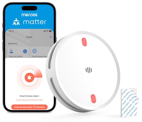 Meross Detector de Humo WiFi Inteligente, Alarma Incendio inalámbrica con luz LED roja de evacuación, Certificado EN14604, Compatible Apple Home y Home Assistant (Hub requerido)