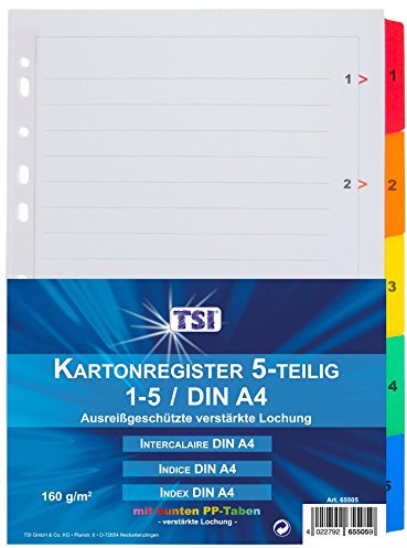 TSI Register Mylar, DIN A4 mit folienverstärkten farbigen Taben 1-5 und beschreibbarem Deckblatt, Eurolochung für alle gängigen Ordner geeignet, Art. Nr. 65505