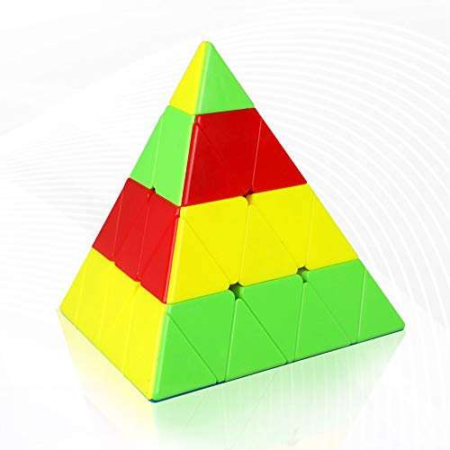 FunnyGoo Mofangge 4x4 Pyramid Triangle Pyraminx Magic Cube Speed Puzzle Cube with One Display Stand (Stickerless)