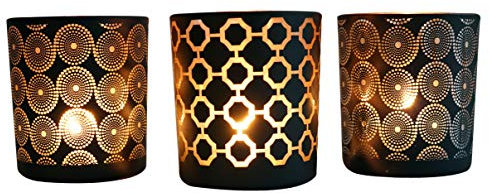 khevga Windlicht Windlichthalter Kerzenhalter Teelichthalter Glas Schwarz Gold 3er Set