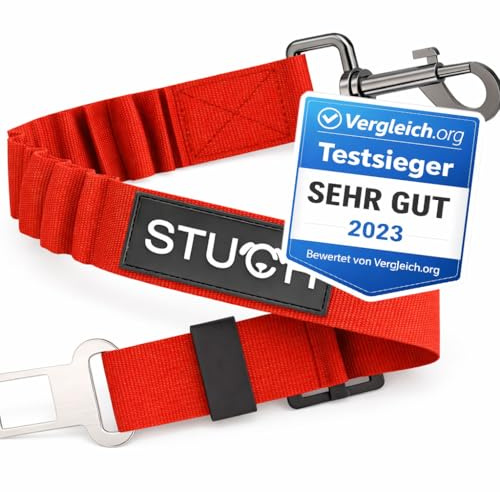STUCH Universeller Bungee Sicherheitsgurt für Hunde & Katzen - Passend für alle Hunderassen & Autotypen (Farbe Rot) OneSize