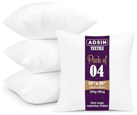 Set of 4-25cm x 25cm Hollowfibre Cushion New White Pad Inner Stuffer Pillow Polyester Insert Square Hypoallergenic (Pack of 4 | 10 x 10)