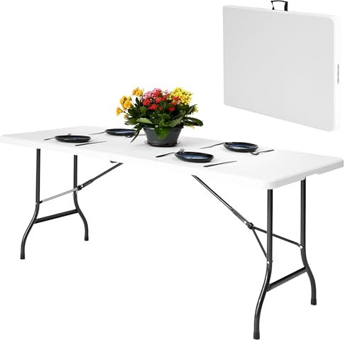 NOVECRAFTO 6ft Folding Table, Functional Indoor and Outdoor Foldable Trestle Table for All Occasions, Heavy-Duty White Table Surface 70.8x27.5 In (180x70cm) with Steel Frame - Easy to Fold and Store