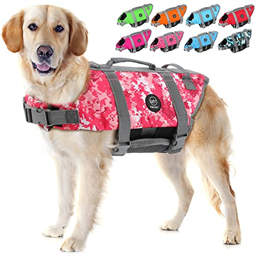 EMUST Dog Life Jacket, Lightweight Dog Life Vests with Rescue Handle for Small Medium and Large Dogs, Pet Safety Swimsuit Preserver for Swimming Pool Beach Boating, 2XL, NewPinkCamouflage