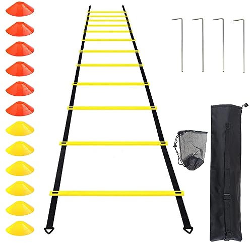 Auckpure Fußball Trainingszubehör Koordinationsleiter，Fußball Trainingsset mit 12 Hütchen Fussball, 4 Festen Eisenpfosten, 1 Fußball-Kegel-Netztasche, 1 Fußball-Trainingstasche mit Kordelzug, yellow