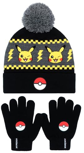 Pokemon - Winter Warm & Comfy Beanie Hat & Gloves Set for Boys - Pikachu Design - Perfect for Boys 6-12 Years - Gift Set - Black/Yellow
