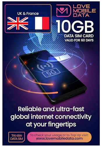 Love Mobile Data Only Sim Card - International Multi-Network 4G/5G Prepaid Pay As You Go Data Sim for Mobile Phones, WiFi Routers, & More, UK & France - 10GB for 60 Days