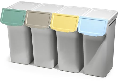 KADAX Abfallbehälter mit Deckel, Abfalleimer aus Plastik, Mülleimer für die Mülltrennung, Rechteckiger Abfallsammler mit Klappdeckel (Grau 4x25 L)