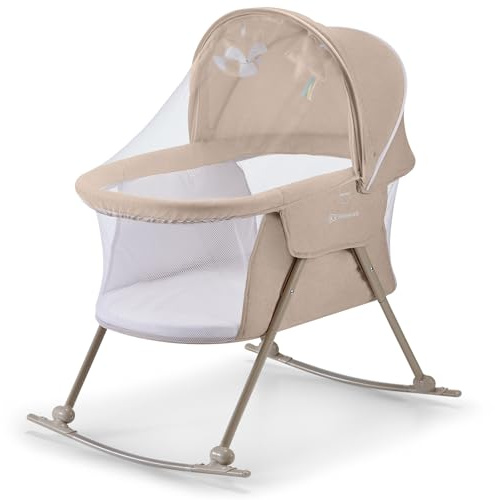 Kinderkraft LOVI Reise-Stubenwagen für Baby, tragbares, faltbares Babybett mit integriertem Moskitonetz, verstellbarer Verdeck und zusätzlicher Wiegefunktion, Beige