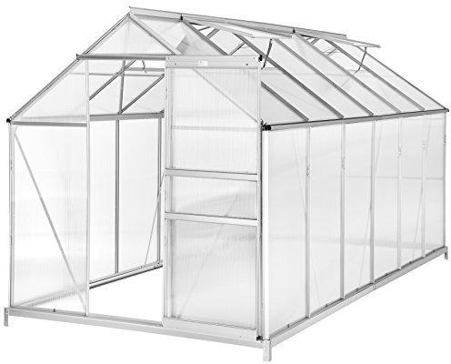 tectake® Aluminium Gewächshaus, 375x185x195 cm, Treibhaus, Tomatenhaus, Frühbeet, Pflanzenhaus, UV beständig, 4 mm Platte, Schiebetür & Dachfenster, Schütz vor Kälte, Regen und Frost - mit Fundament