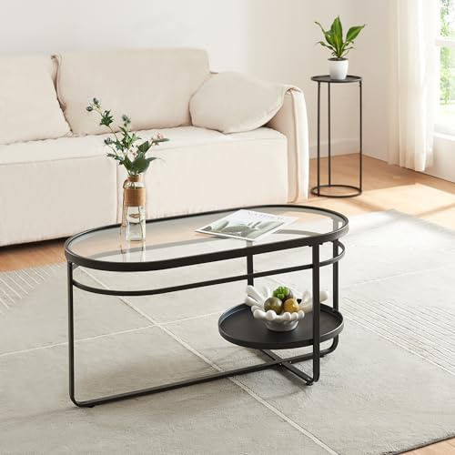 [en.casa] Table Basse de Salon avec Plateau Ovale en Verre Trempé de 5 mm et Étagère Ronde Table d'Appoint Style Intemporel avec Surface de Rangement Métal 90 x 43 x 46 cm Noir