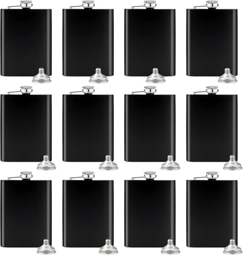 12 Pack 8 Oz Hip Flask for Liquor Matte Black Stainless Steel Leakproof with 12 Funnel for Gift, Fishing, Camping, Hunting, Hiking, Wedding Party, Traveling(Black)