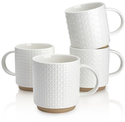 Sweese Stackable Coffee Mugs Set of 4, 10 oz Porcelain Coffee Cups with Embossed Design, White Cappuccino Cups for Coffee, Latte