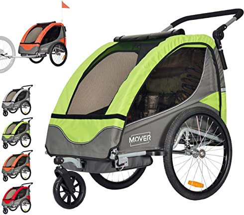 PAPILIOSHOP Mover – 2-in-1 Fahrradanhänger und Kinderwagen für 1-2 Kinder, Klappbar, Mit Federung, Lufträdern und 5-Punkt-Gurt, Ideal für Familienausflüge (grün)