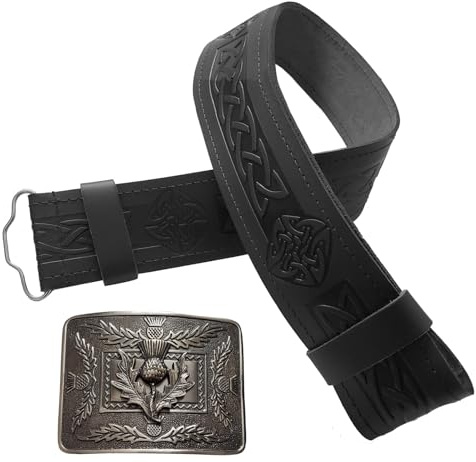 STITCHIFY Traditional Scottish Leather Kilt Belt and Antique Thistle Buckle - Size 36-42